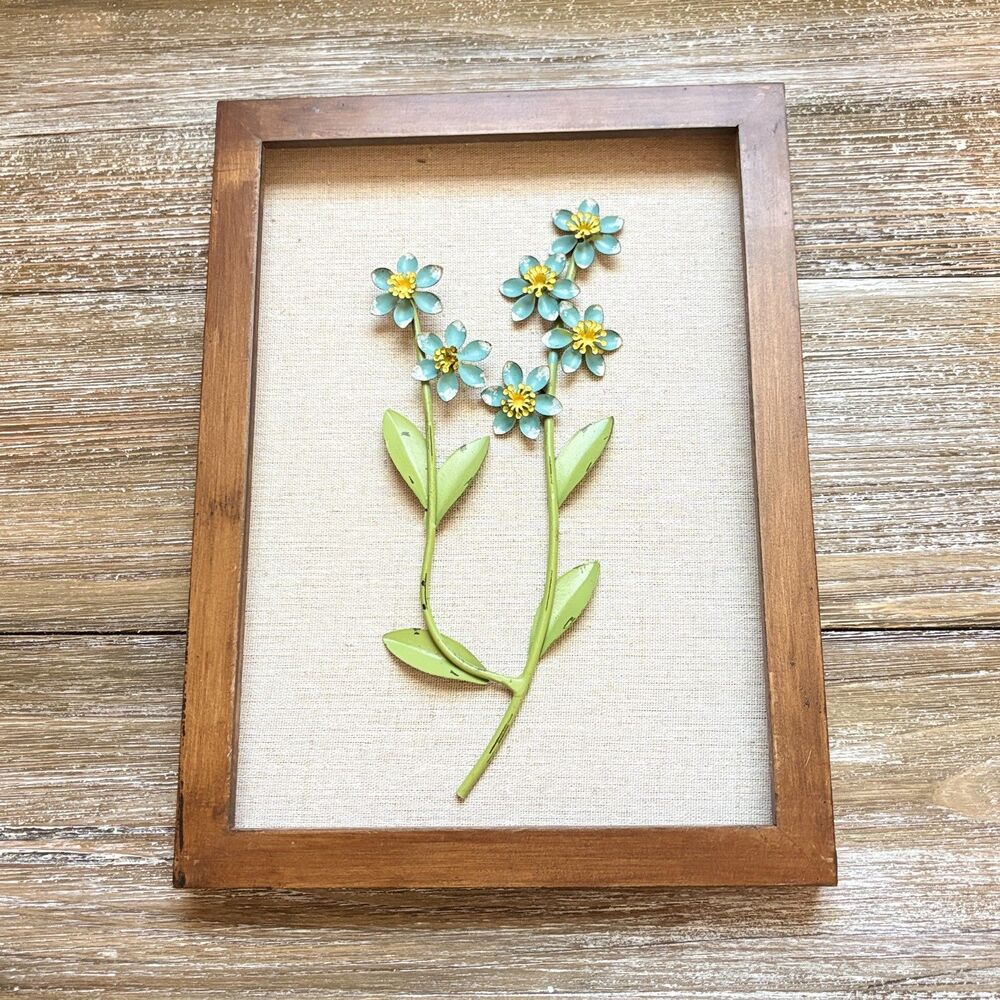 Framed 3D Metal Floral Wall Art on Burlap Blue Green 9X12 Cottagecore